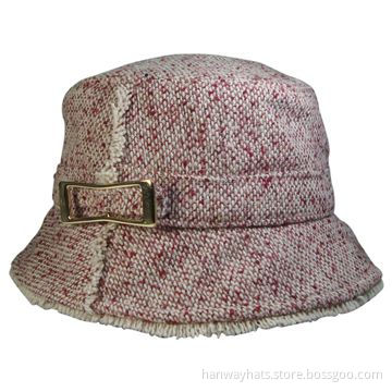 Chunk Tweed Fabric Bucket Cap with Self-fabric Band and Golden Buckle and Frayed Brim Edge